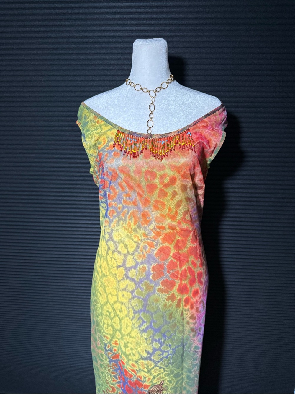 Vintage Multicolor Ombre Leopard Print Beaded Off-Shoulder Dress